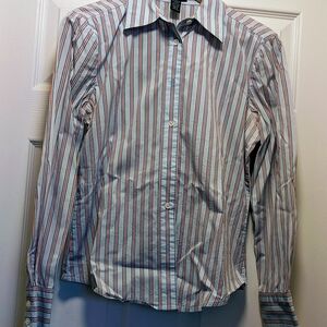 Club Monaco Women's Striped Button-Down Shirt - Coral and Blue